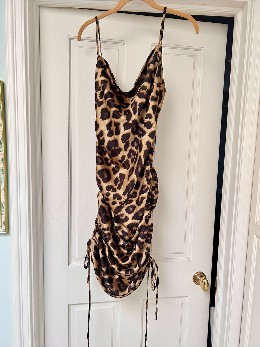 Leopard Print Slip Dress with Cowl Neck Ruched Sides Size Small